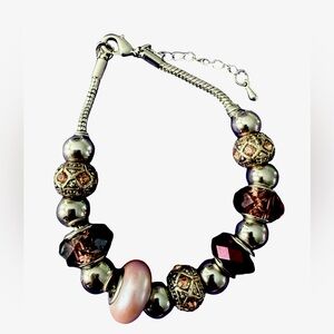 VINTAGE Glass Purple Beaded Rhinestone Pearl Silvertone Slide Charm Bracelet 80s